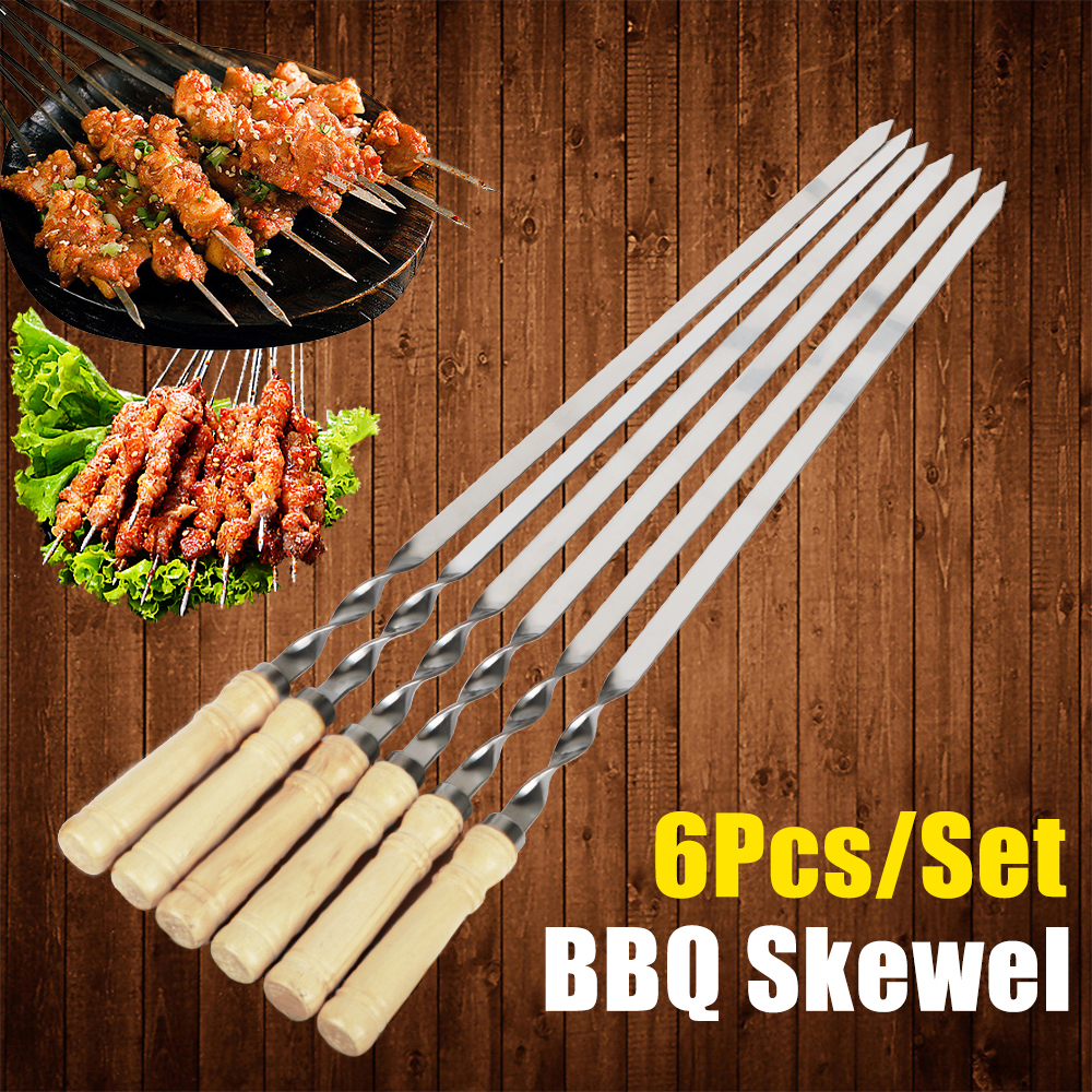 Wood BBQ Fork, Stainless Steel Grill Stick, Outdoor Barbecue Needle, Long Handle Shish Kebab Skewers