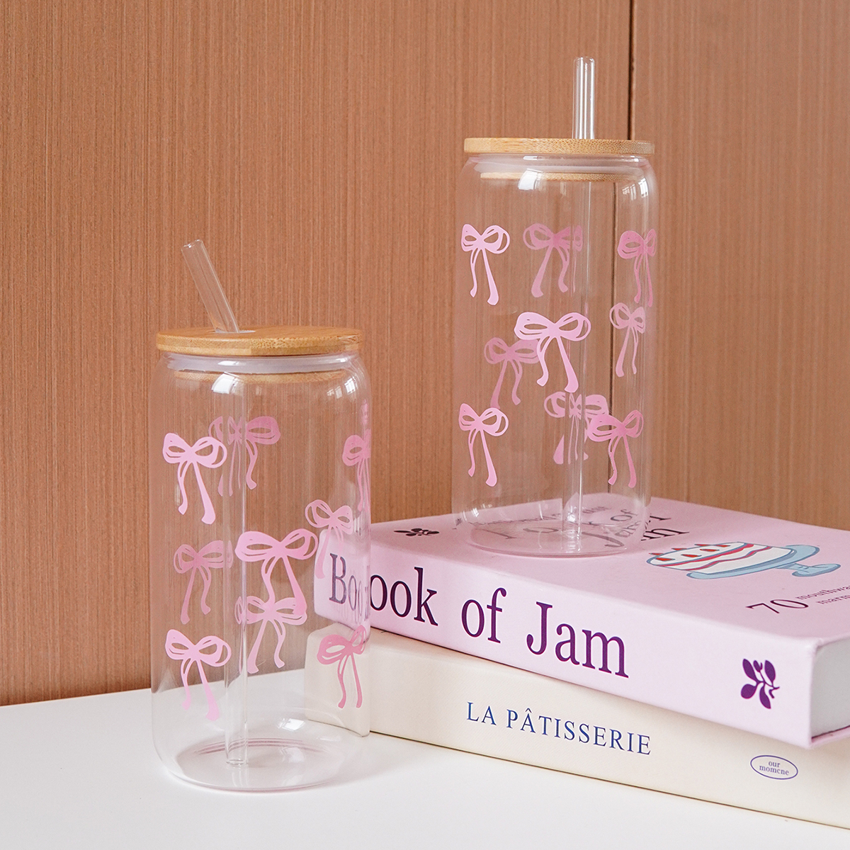 Glass Bow Printed Cup with Lid Straw Elegant Gift | Inspire Uplift