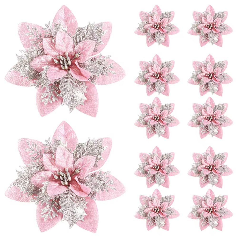 Christmas Flower Ornaments for Tree, Pink, Red, Gold Glitter Artificial Flowers for Xmas Home Decoration