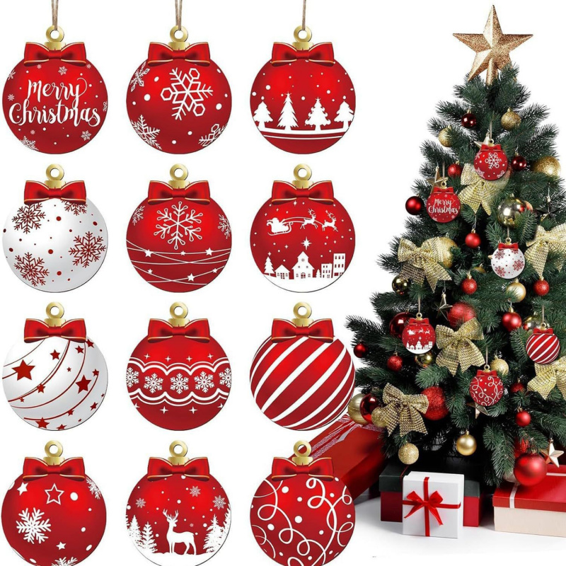 Red and white, wooden, Snowflake, Pattern Christmas, Party Hanging Decoration, Supplies Winter, Christmas ball ornament
