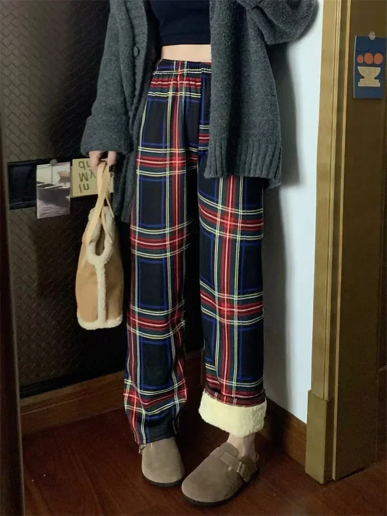 Fashion Warm Plush Pants, Cashmere Thick Plaid, Ladies Winter Casual Loose Wide-legged Pants for Streetwear