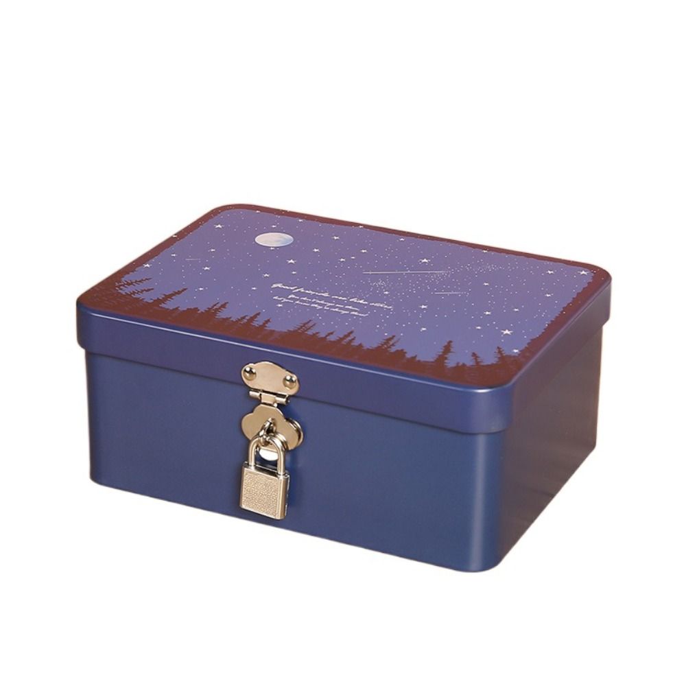 Vintage Large Capacity Tinplate Box with Lock Key, Desktop Storage Case, Metal Jewelry Box, Empty Storage Box