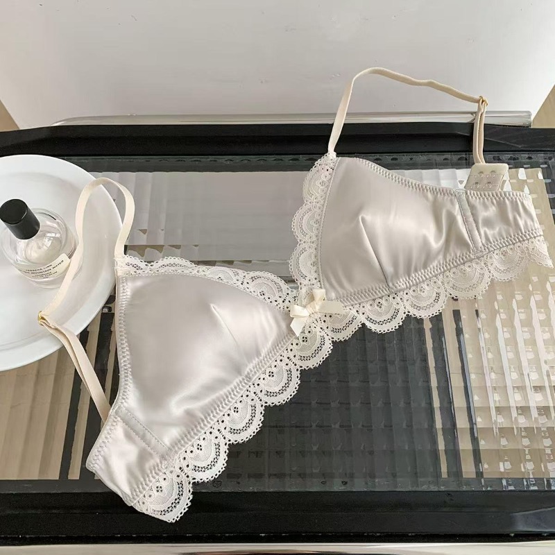 Triangle Cup Bow Lace Bra for Women, Small Chest, Satin Underwear, Comfortable Soft Bra, Sweet Girl Breathable Lingerie