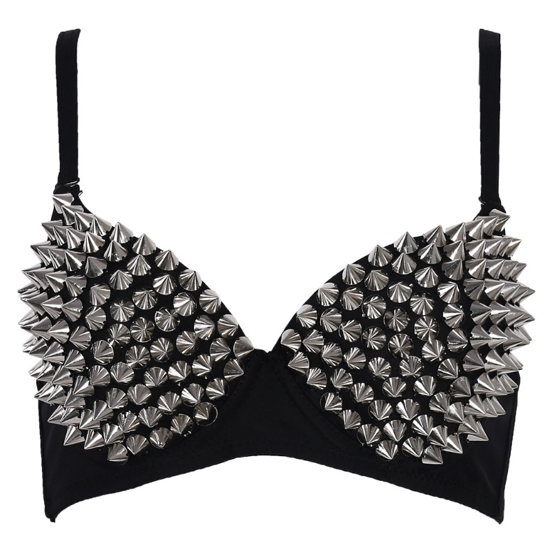Silver Rivets Punk Rave Bralette Lingerie, Gothic Bra Top, Sexy Push Up Brassiere, Nightclub Party Fashion Hot Bras - Silver xl b
