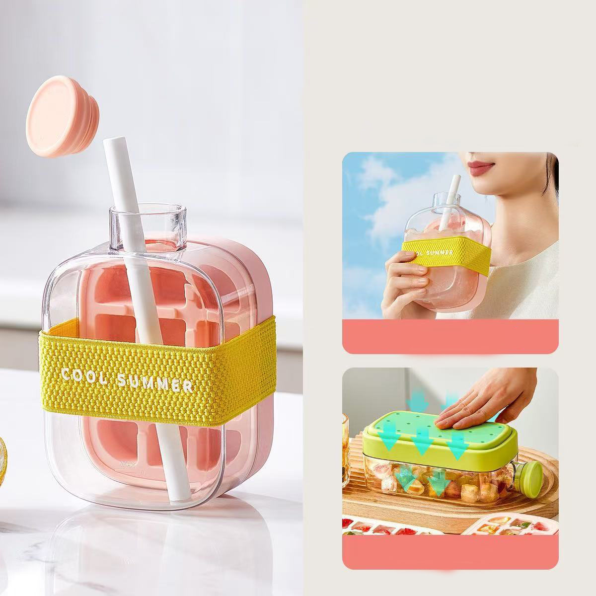 Silicone Ice Cube Tray with Lid, No Spill No Touch Design, Straws Cable Tie Mold for Freezer