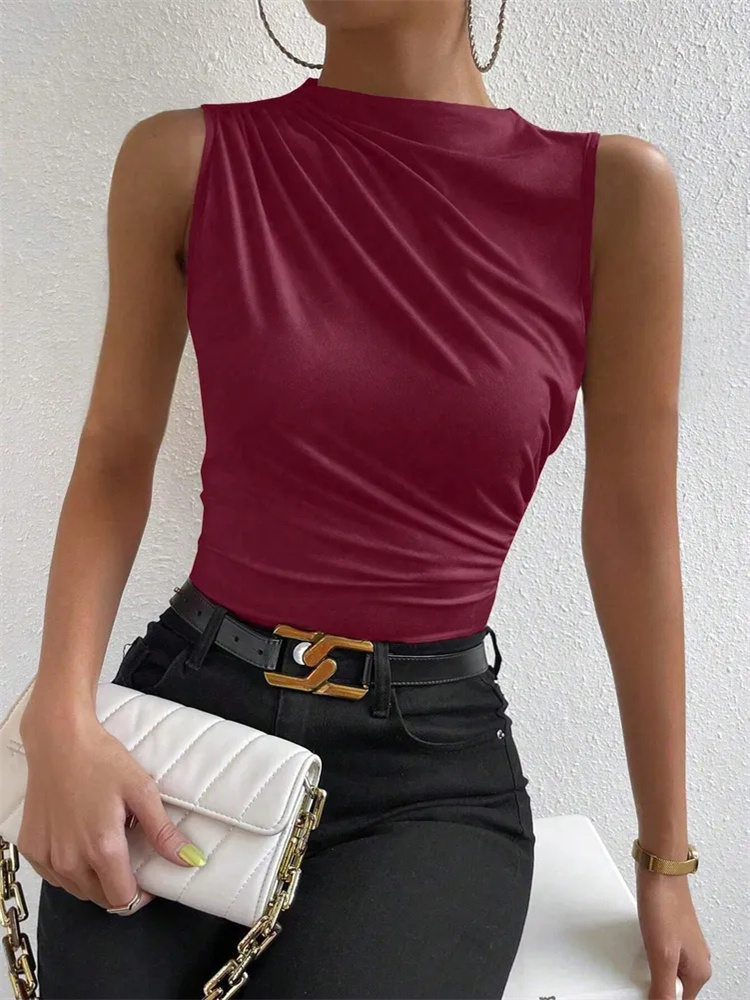 Fashion Casual Mock Neck Ruched Tank Top for Women, Summer Solid Color Pleated Sleeveless Tee Shirt, Stylish Street