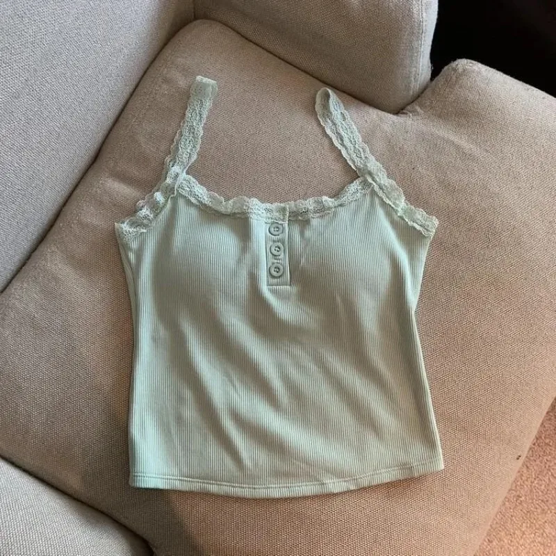 Sexy White Knit Camisole Lace Tank Top, Women's Sleeveless Crop Top, Slim Undershirt with Chest Pad, Cute Summer Ves