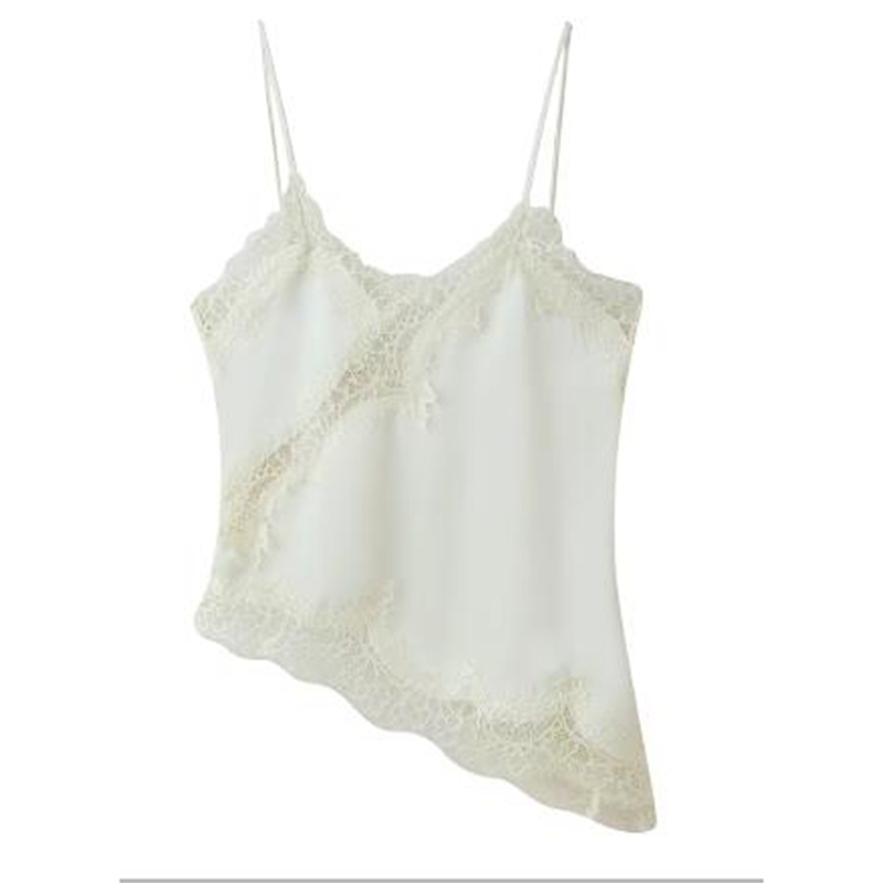Combhasaki Women Floral Lace Trim Satin High Low Vest, Silk Spaghetti Strap Side Split Asymmetrical Cami, Flowy Silky