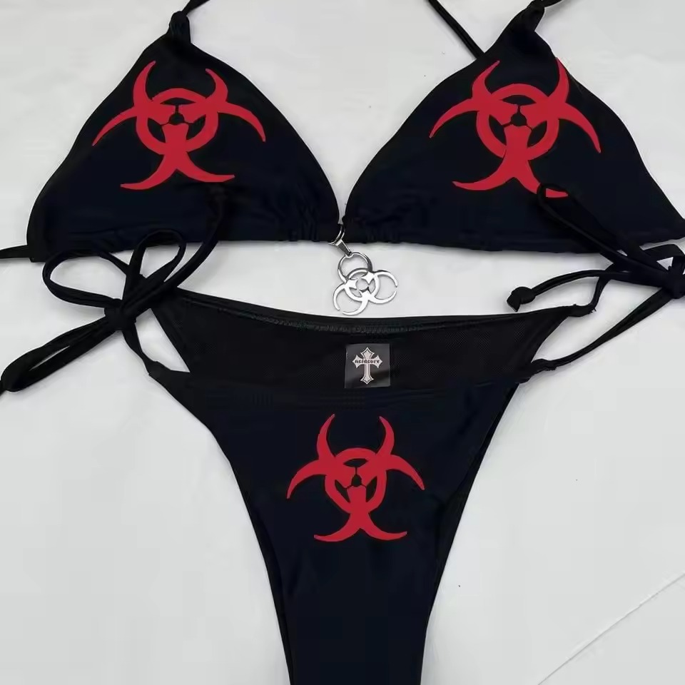 Style Print Bikini Set, Sexy Thong Swimsuit, Two Pieces Bathing Suit, Punk Fashion Swimwear for Women