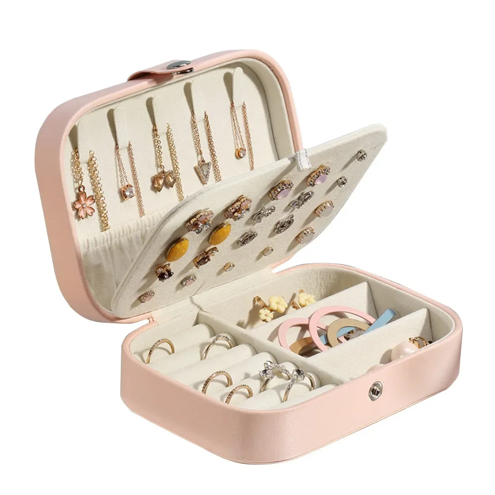Portable Jewelry Box, Travel Jewelry Case Organizer, Leather Storage Zipper Display Box with Button Closure for Jewelers
