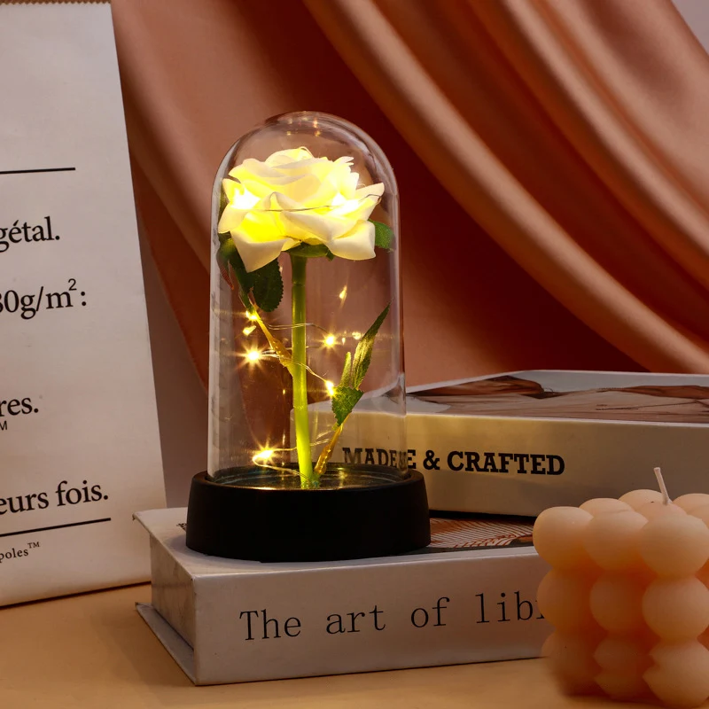 Red Rose Artificial Flowers, Creative Valentine's Day Gift, LED Light Up Galaxy Rose in Glass Cover for Mothers Day
