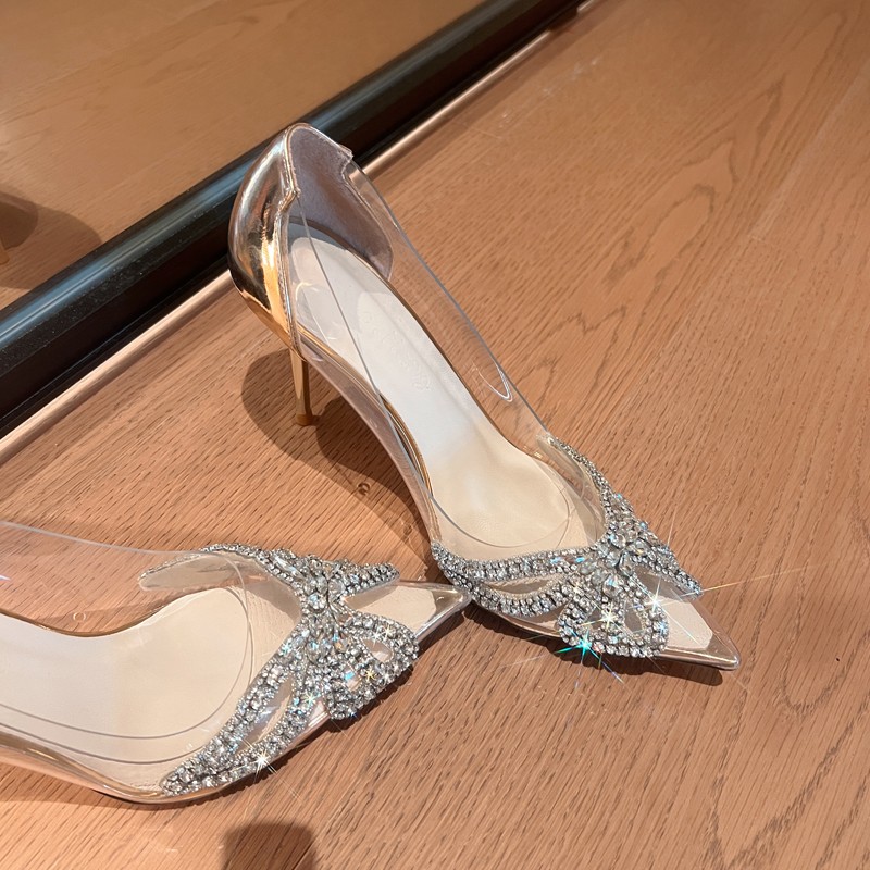 Summer Women's Fashion Pointed High Heel Sandals, Transparent PVC Rhinestone Back Buckle Banquet Shoes