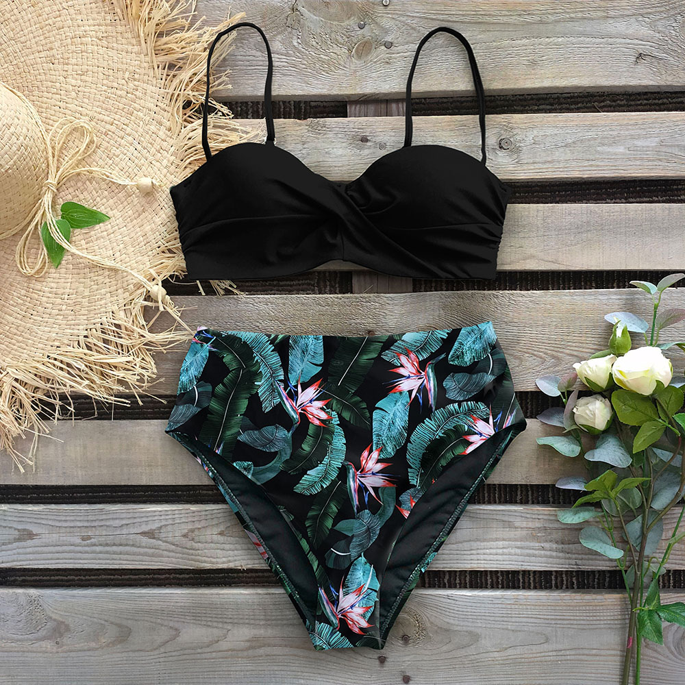 High Waist Bikini Set Women Sexy Bikini, Flower Swimwear Vintage Halter Neck Swimsuit, Deep Blue Bathing Suit
