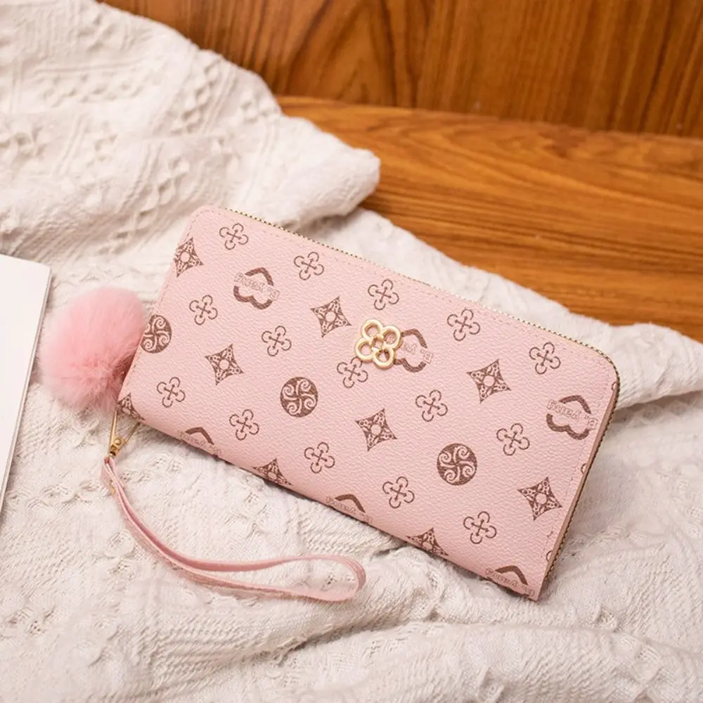 Fluffy Ball PU Leather Women Long Wallet, Portable Card Holder, Large Capacity Clutch Bag with Printed Decoration