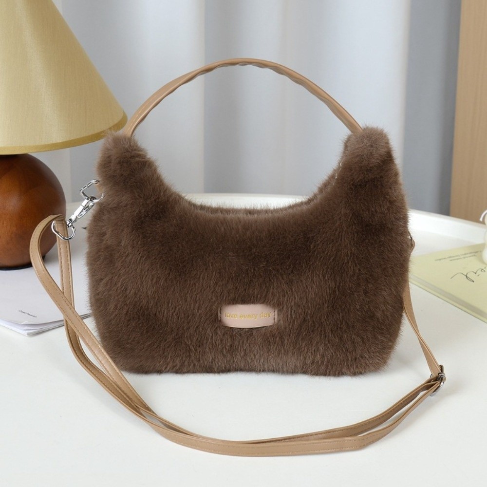 Winter New Luxury Faux Fur Ladies Shoulder Bag, Soft Fluffy Female Crossbody Bag, Solid Color Plush Tote Bag with Large