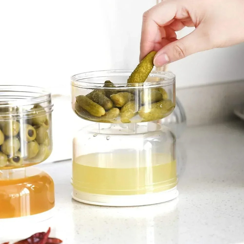 Sealed Jar for Pickle, Wet and Dry Separation, Flip Container with Strainer for Olives, Hourglass Design
