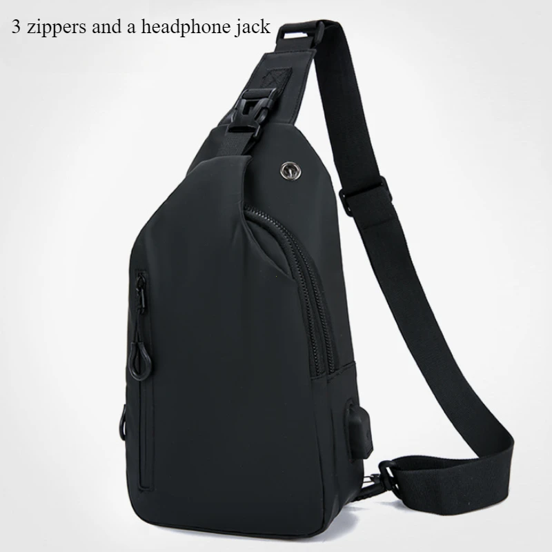 Mens Fashion Chest Bag Solid Color One Shoulder Crossbody Bag with USB Charging Outdoor Casual Nylon Shoulder Bag