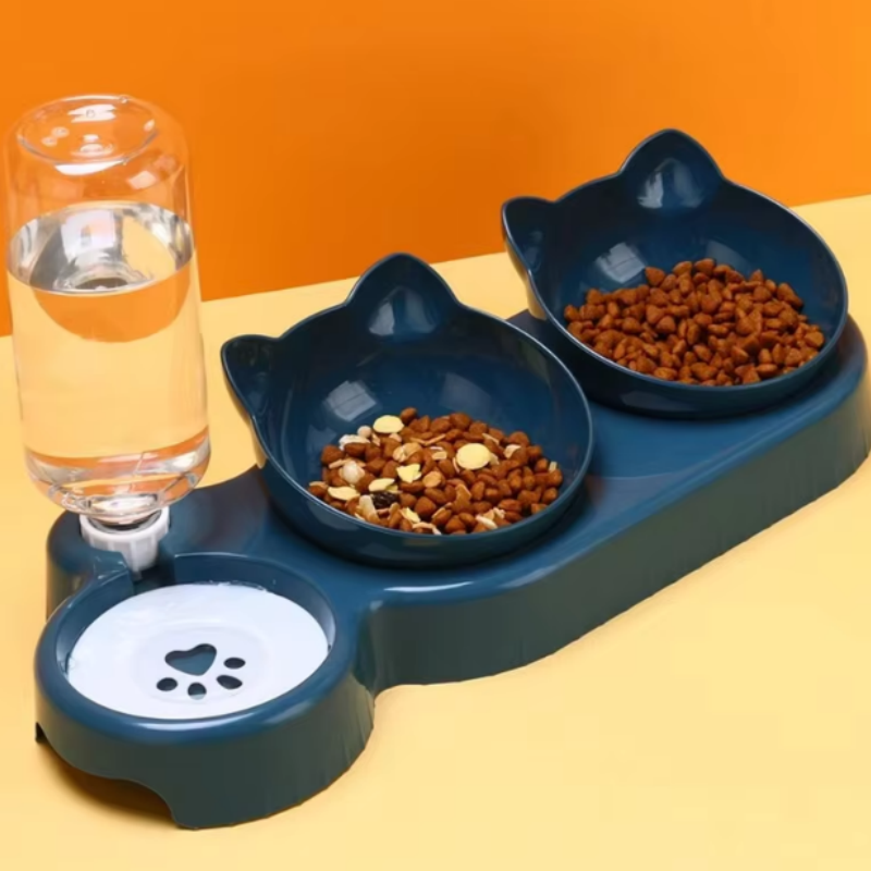 Triple Cat Bowls Pet Feeder with Automatic Drinking Bottle Tilted Rotatable Design for Cats Dogs