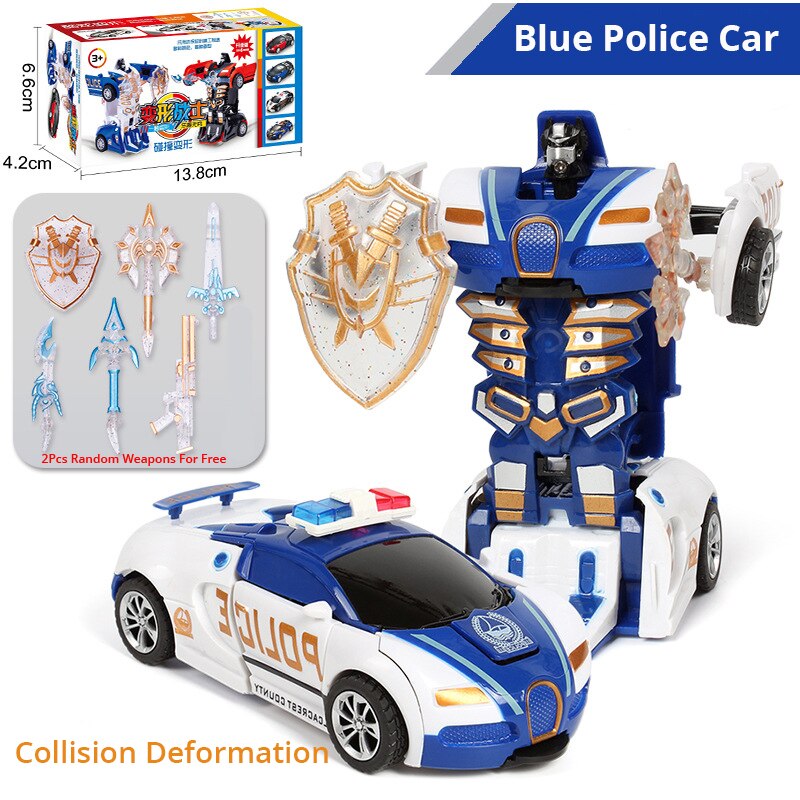 Blue Police Car Toy for Boys One-Button Deformation Inertia Impact, Collision Transforming Action