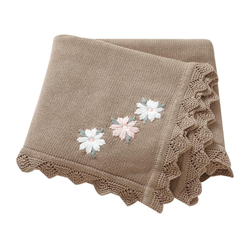 Knitted Baby Cotton Blankets with Floral Embroidery, Stroller Bedding for Newborns, Infant Receiving Mats