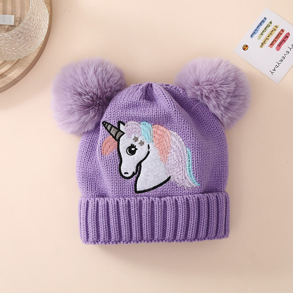 Toddler Baby Knit Hat Winter Pom, Unicorn Pattern Beanie Embroidered, Warm Cap for Boys Girls, Soft Cold Weather Kids