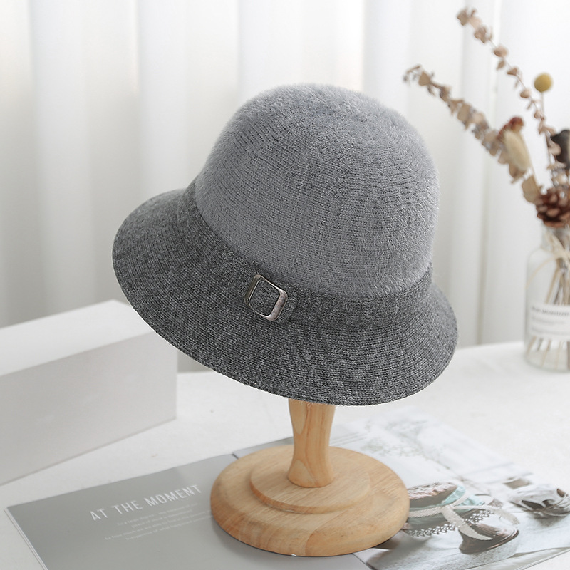 Autumn Winter Solid Color Knitted Bucket Hat Women Faux Mink Cashmere Blend Artistic Versatile Sun Cap