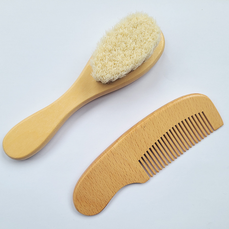 Baby Hair Soothing Comb, Beech Soft Wool Wood Brush, Baby Care Set, Newborn Massager, Baby Shower Gift