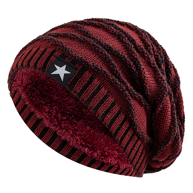 Warm Unisex Slouchy Winter Hats, Fur Lined Beanie Cap, Men and Women Casual, Five-pointed Star Decor, Knitted Winter Hat