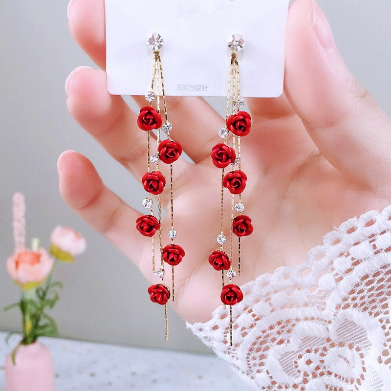 Red Rose Drop Earrings, New Fashion Jewelry, Women Vintage Rhinestone, Dangle Flowers Earring, Engagement Party Jewelry