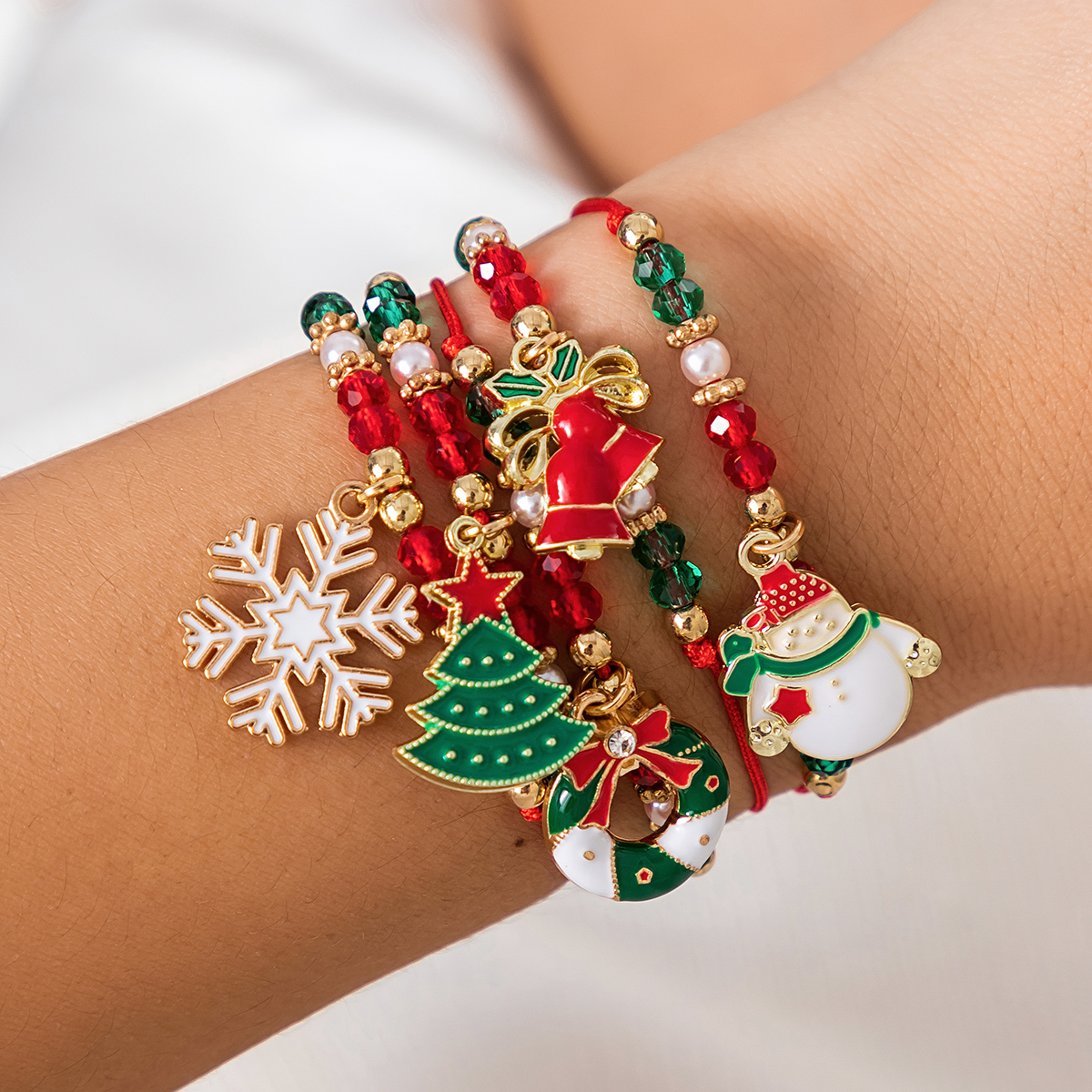 Snowflake Tree Pendant Crystal, Cute Christmas Series, Women Beads, Adjustable Thread Rope Bracelet