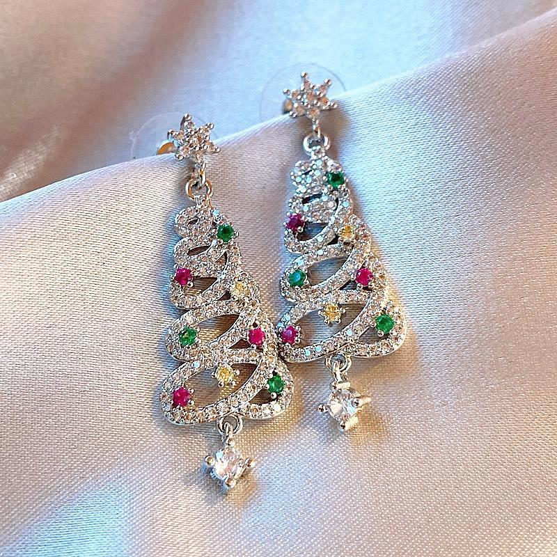 Rhinestone Zircon Xmas Tree Drop, Christmas Tree Earrings For Women, New Year Earrings