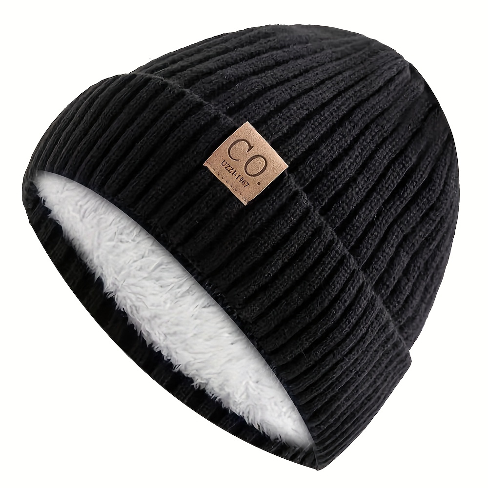 Navy blue and white striped winter hat, leather patch beanie, mens sports knitted hat, soft warm knit cap