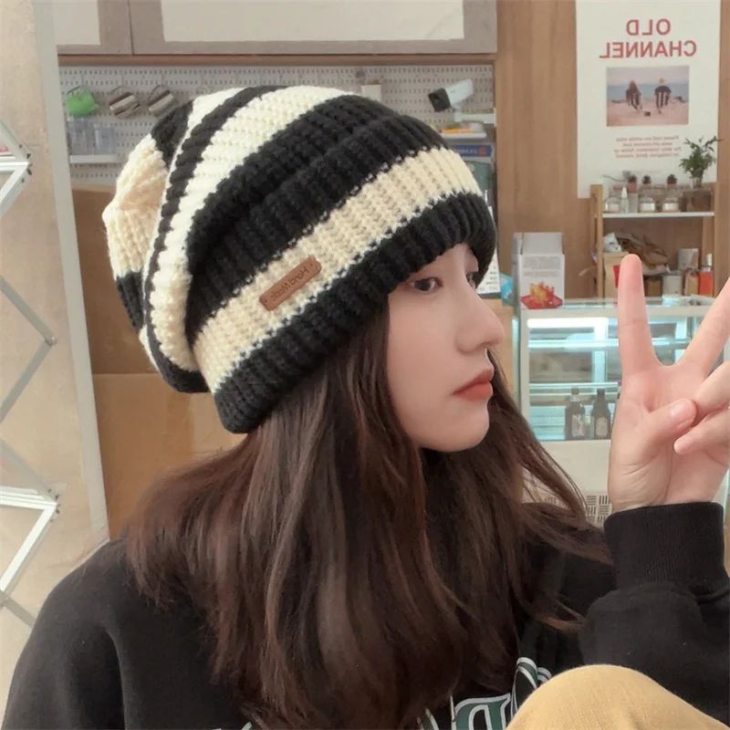 Warm Windproof Autumn Winter Hat, Korean Fashion Striped Knitted Hat, Trend Lightweight Hat For Men Women Outdoor Cyclin