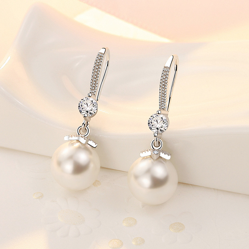 Luxury Crystal Zircon Pearl Earrings in Fine Sterling Silver for Women Engagement Wedding Jewelry Gift