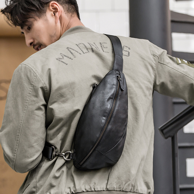 Mens Crossbody Black Bag, Fashion Genuine Leather Chest Pack, Small Messenger Shoulder Bag, Leisure Sling Bag