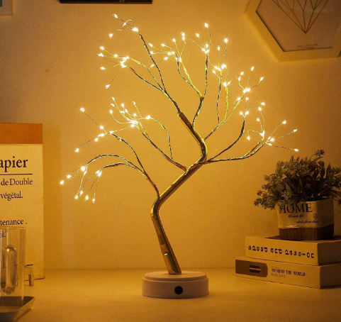 Desk Lamp LED Desktop Night Light, Desktop Bonsai Lamp Shaped, Pearl Gold Leaf, Iron Tree Silver Branch, Star Christmas