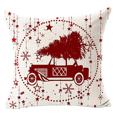 Car with Tree Deer Happy Winter, Linen Pillowcase Cushion Sofa Living Room, Merry Christmas Snowflake Ball Red Cover