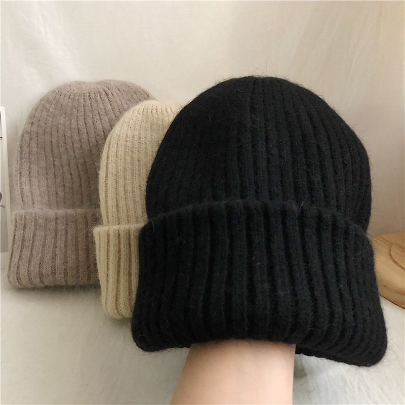 Warm Rabbit Fur Knit Hat, Double-Layer Women's Winter Hat Thick Wool Hat Casual Hat Toe Cap Cold Hat