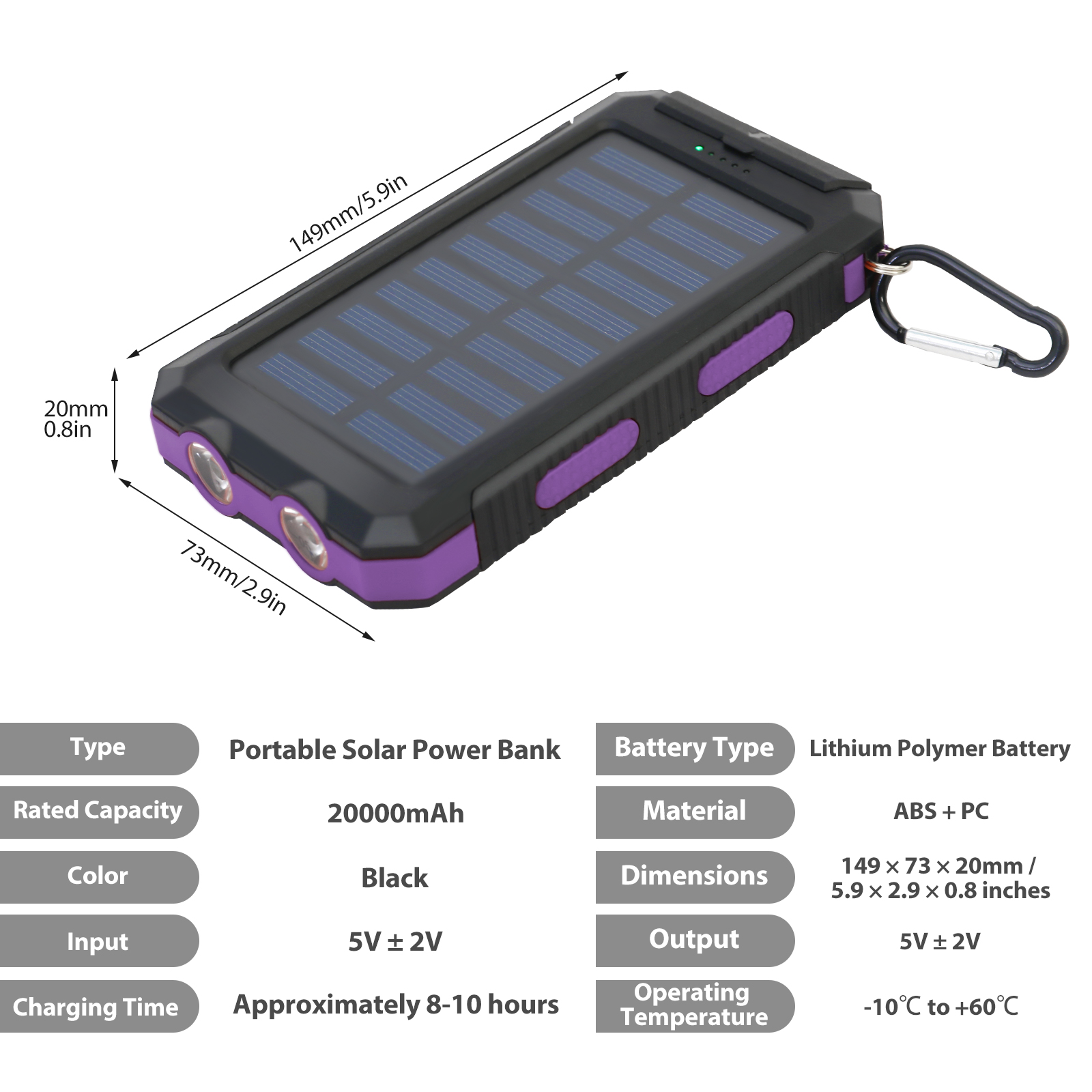 Waterproof Solar Power Bank , Dual 5V USB Ports with LED Flashlight, Compass for Outdoor Use