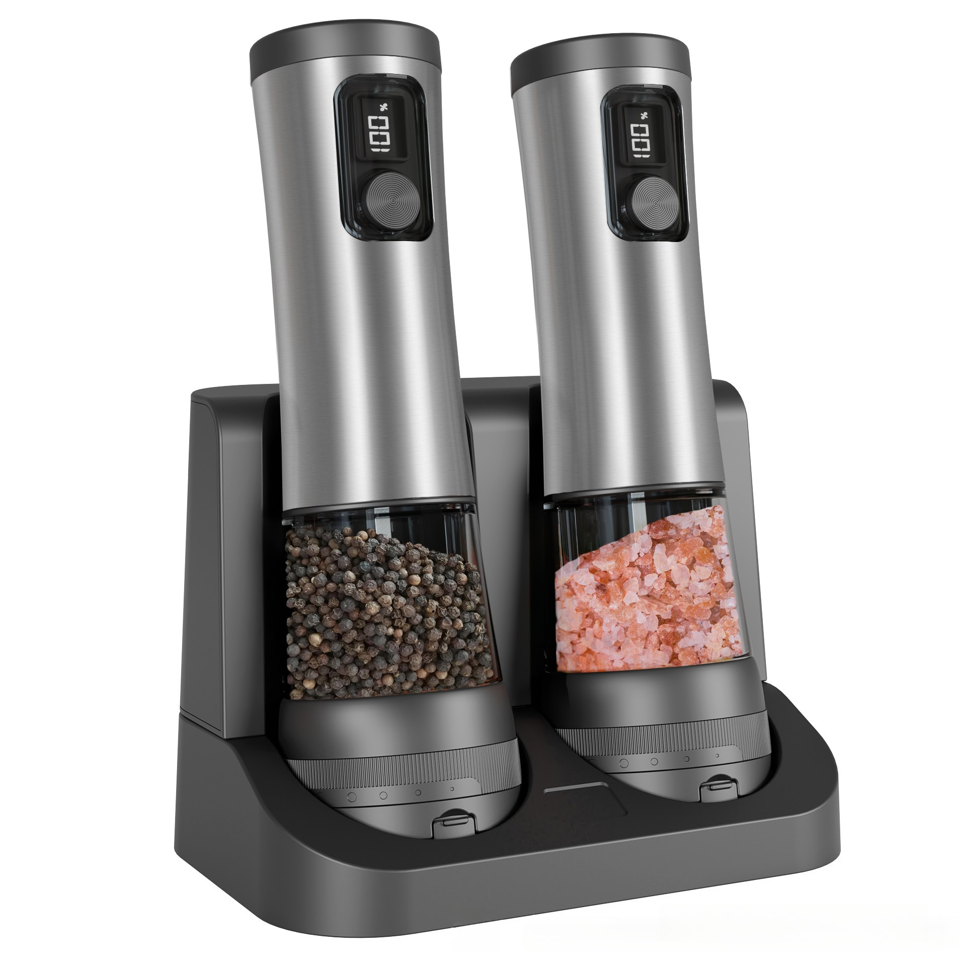 Adjustable Coarseness Pepper Salt Grinder Set, Electric Automatic Design, LED Electricity Indicator, Rechargeable Base