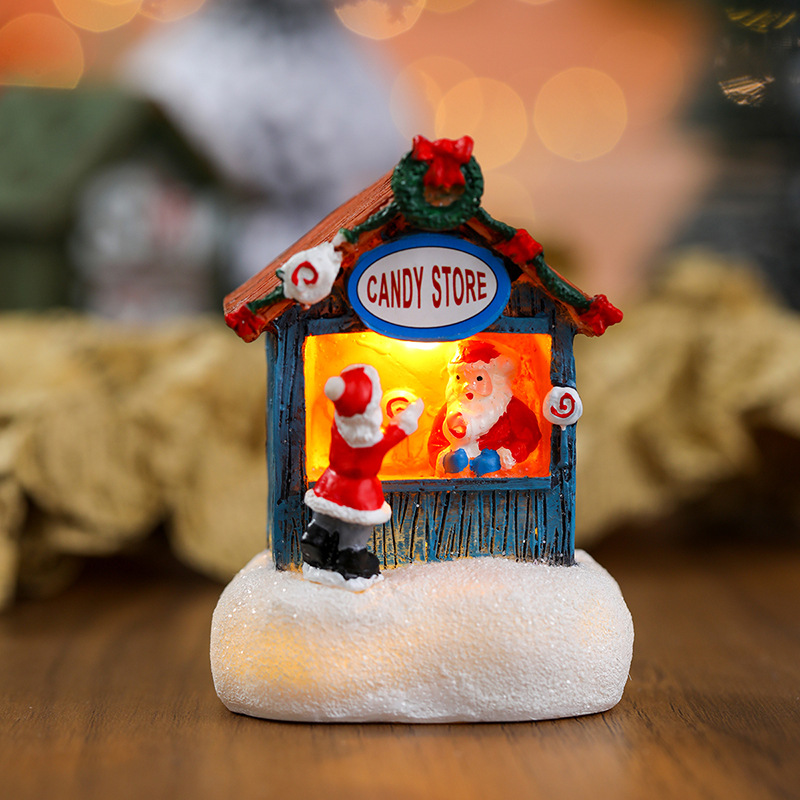 Resin Santa Claus, Snowman Luminous Christmas LED House, Pine Needles Snow, Micro Landscape Ornaments