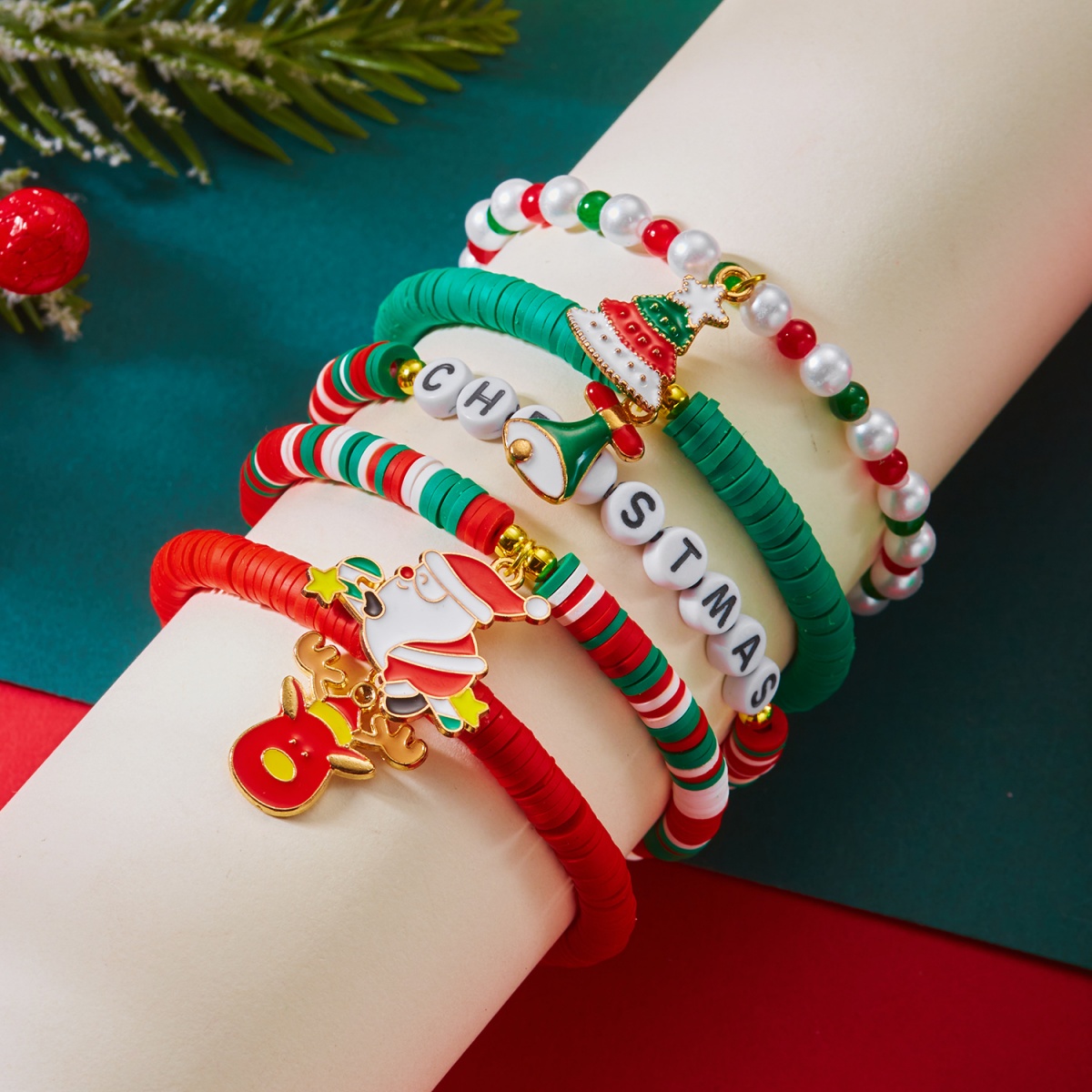 Xmas Tree Santa Claus Snowman Christmas Bracelet Resin Star Crystal Beads Deer Bell Bangle For Women