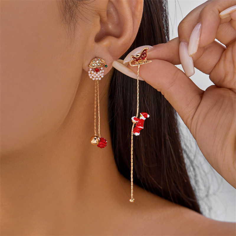 Moving Santa Claus Tassel Dangle Earrings for Women, Christmas Tree Snowflake, Asymmetric Long Earring, New Year Jewelry