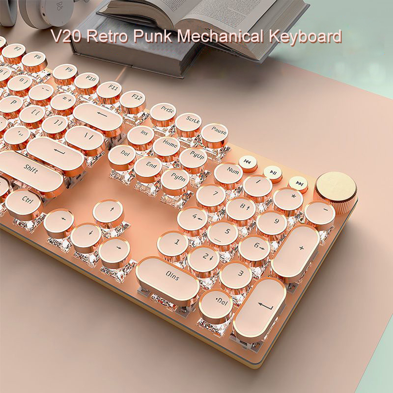 Punk Typewriter Mechanical Gaming Keyboard, LED White Backlit, Round Keycaps, Key-Wire Separation