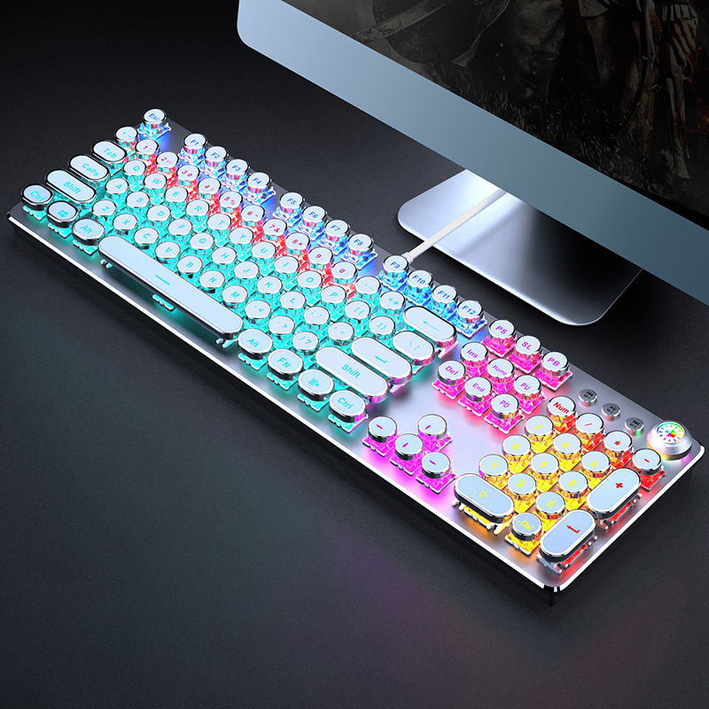 All-Metal Panel Retro Punk Typewriter Mechanical Gaming Keyboard, , USB Wired for Gaming and Office Productivity