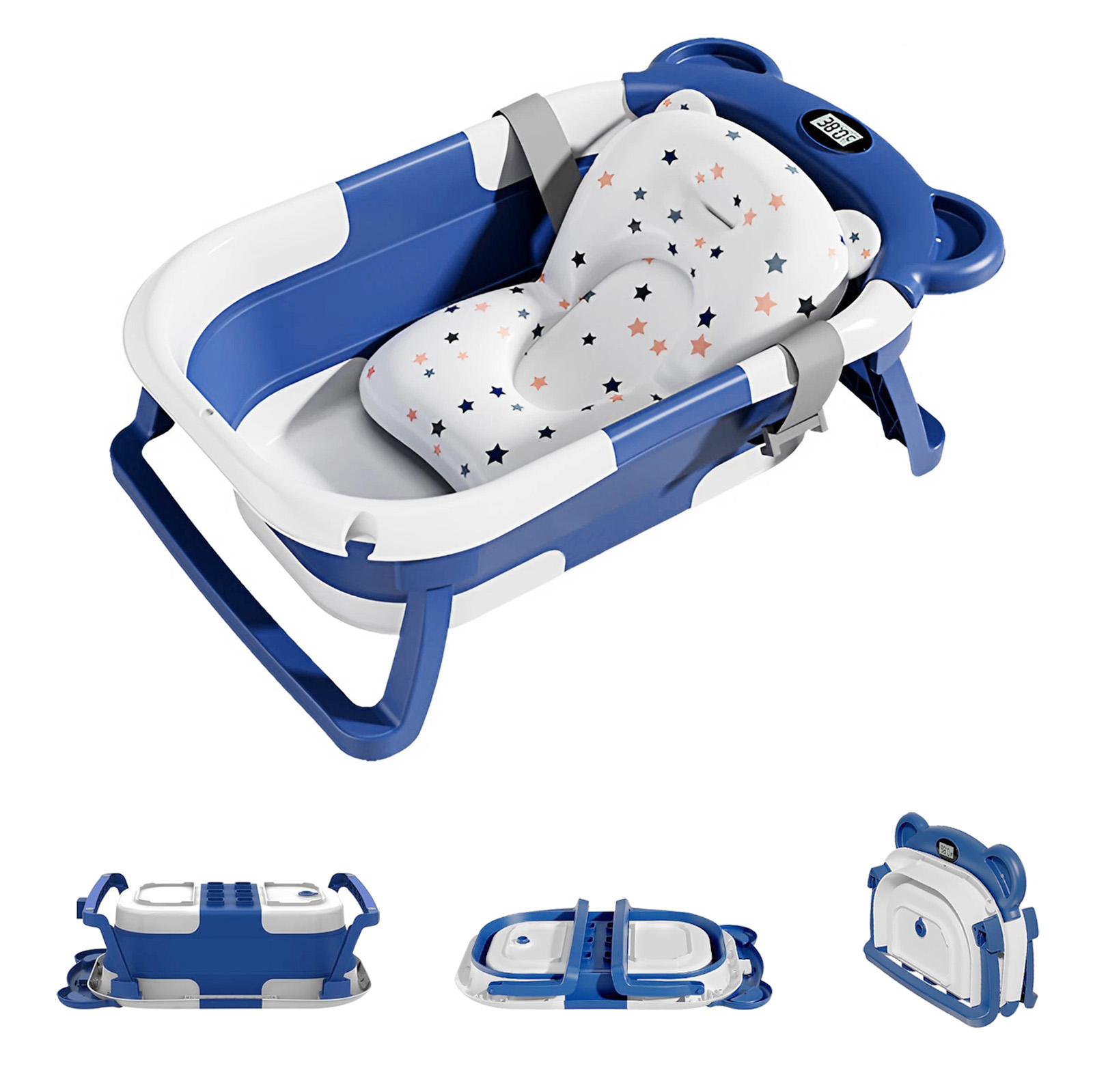 Collapsible Baby Bathtub, Portable Travel Bathtub with Thermometer, Soft Cushion, Drain Hole for Babies