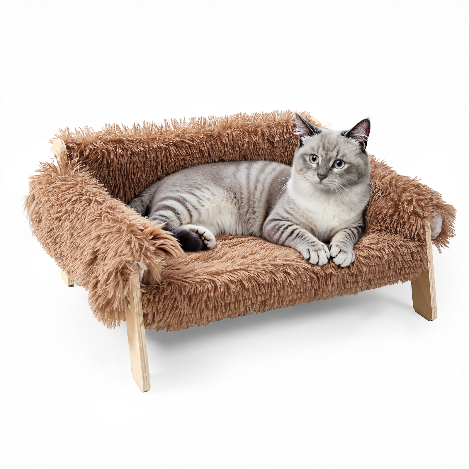 Raised Plush Cat Sofa Bed, Large Cat Bed with Sturdy Wooden Leg, Soft Couch for Indoor Cats and Kittens
