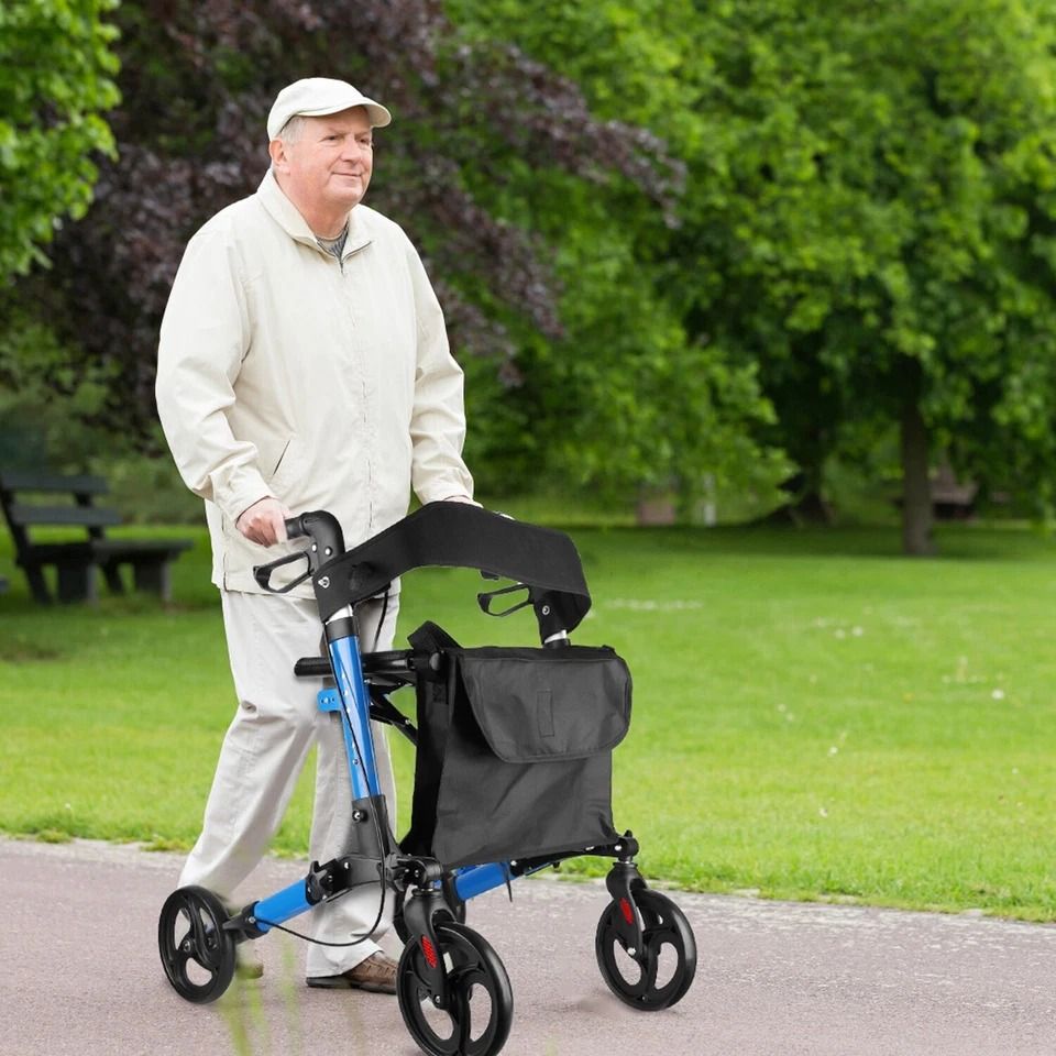 Adjustable Aluminum Rollator Walker with Seat & Backrest, Wheels, Foldable Design for Seniors, Lightweight