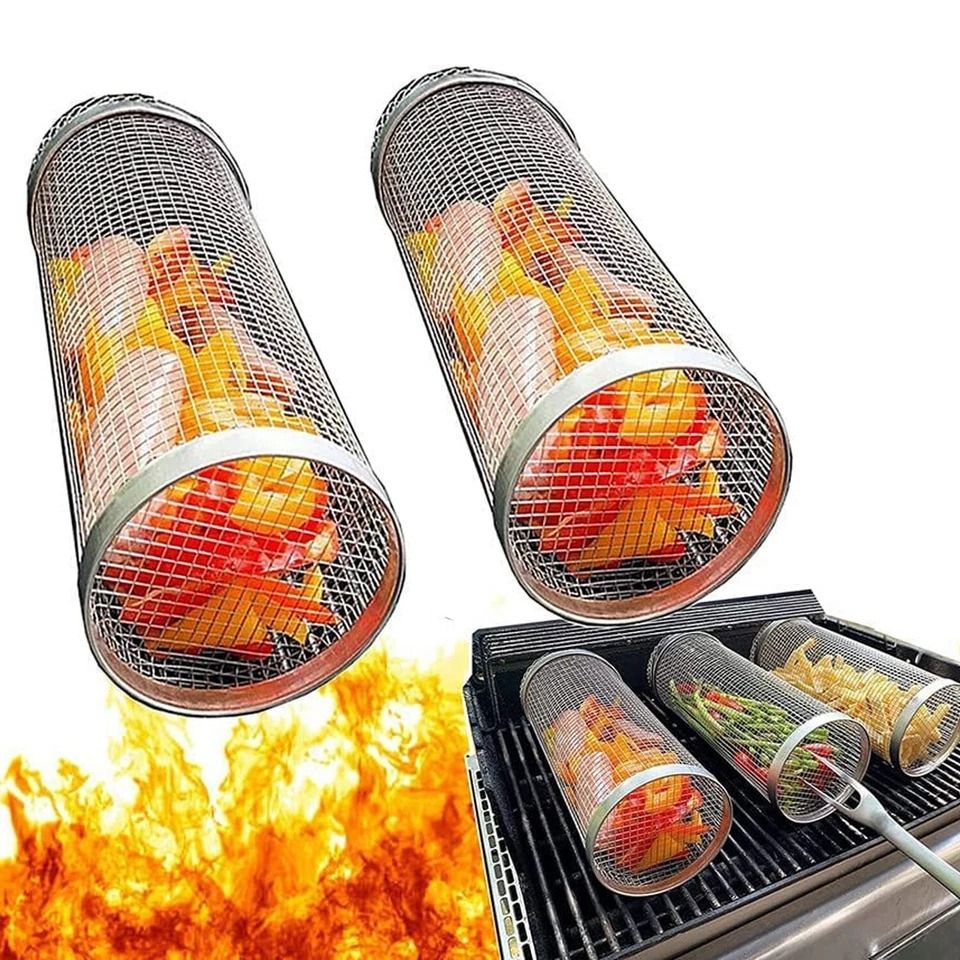 Stainless Steel Round Rolling Grill Basket, Set for Outdoor BBQ, Camping Grilling, Perfect for French Fries