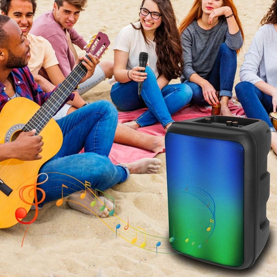 Portable Wireless FM Party Speaker, Colorful Lights DJ PA Sound System Mic, Remote Control, Karaoke